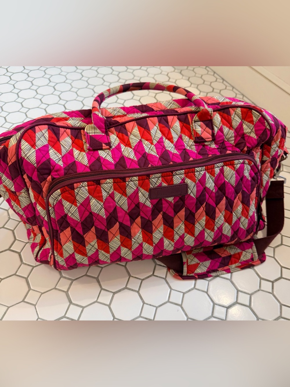 Vera Bradley Pink, Red & Cream Quilted Weekender (Bohemian Chevron) - Picture 5 of 9